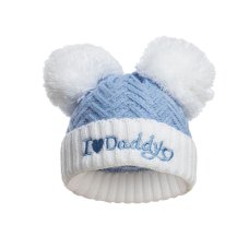 H682-B: Blue Chevron Hat w/Emb & Pom Poms (0-12 Months)